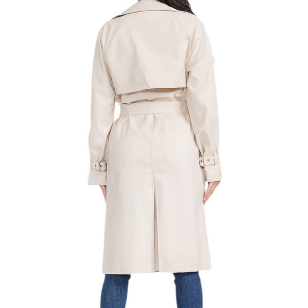 Long Sleeve Open Front Pockets Belted PU Pleather Coat in Cream - Picture 4 of 4